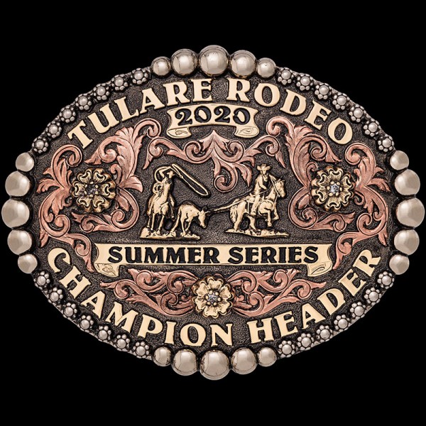 The Whiteridge Belt Buckle is a classical oval buckle featuring our classy berry and large silver bead edge with amazing copper scrollwork. Personalize this rodeo buckle now!